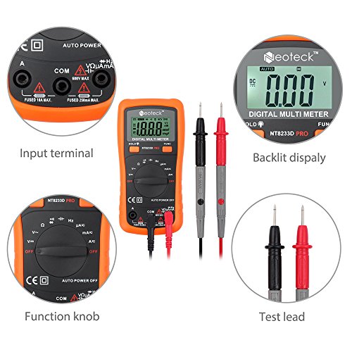 Neoteck Digital Multimeter 2000 Counts Digitaler Multimeter Auto range Messinstrument AC / DC Spannung Strom Widerstand Frequenz Kapazitanz Dioden Kontinuität Tester mit LCD Hintergrundbeleuchtung mit zwei Bananenstecker zum Alligator Clip Kabels - 5