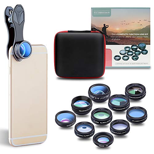 Phone Lens Kit, JoyGeek Universal 10-in-1 Camera Lens Kit 198° Fisheye, Wide & Macro Detachable Lens, 2x Telep