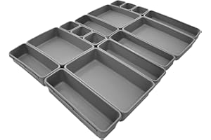 LEXETER Interlocking Drawer Organiser Set of 16 with 100Pcs Rubber Pads, Plastic Storage Trays Dividers for Kitchen Office Bathroom Cutlery Desk Clothing Make-Up Jewellery Stationery, Gray