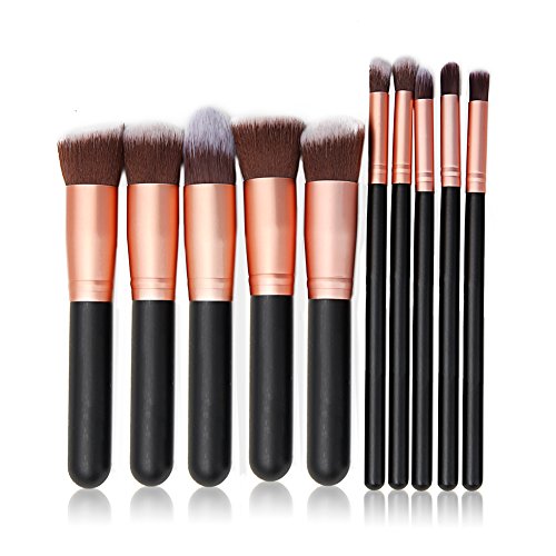 Ammiy® 10 Pcs Makeup Brush Set Professional Handle Premium Synthetic Kabuki Foundation Blending Blush Concealer Eye Face Liquid Powder Cream Cosmetics Lip Brush Tool Brushes Kit (Black-rose gold)