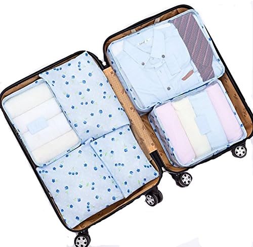 6PCS/Set Waterproof Clothes Storage Bags Packing Cube Travel Luggage Organizer Bag (Cherry blue)