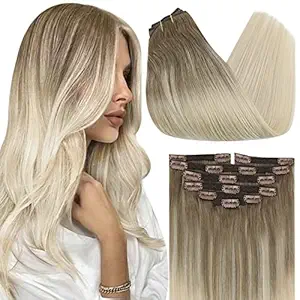 16, 14/60 : Sunny 16inch Remy Human Hair Extensions Clip in 7pcs 120G Golden Brown to White Blonde Dip and Dye Ombre Full Head Clip in Hair Extensions Human Hair