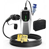 Junsun Portable EV Charger 7.2KW Single Phase, Adjustable Current 6A-32A, Cable 8 m with Blue Industrial CEE Plug, Carrying C