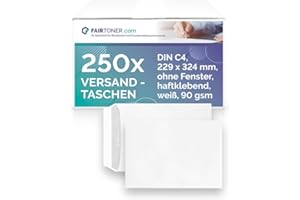 Fairtoner Versandtasche C4 (250 Stück Umschläge) Haftklebende Versandtaschen weiß 90gsm, mit Innendruck,ohne Fenster
