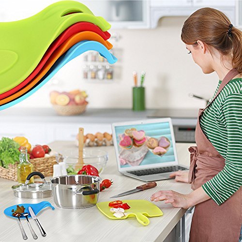iNeibo Küchen Silikon Löffelablage Set- 4 Stück Riesen Löffelablage Set- FDA genehmigt, weich & unzerbrechlich, Hitzebeständig & Geruch beständig – vielseitig einsetzbar, für Küchenzubehör, Löffel, Spachtel, Pinsel und Besteck (Orange/Blau/grün/Rot) - 2