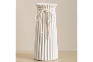 JUZAI White Ceramic Vase for Flowers and Pampas Grass - 10 Inch Ribbed Decorative Table Vase in Modern Nordic Rustic Style for Home Decor and Centerpieces