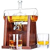 Perfekte Kombination: Jillmo Whisky-Dekanter-Set, inklusive einem bleifreien Whisky-Dekanter und zwei Whiskygläser, einem Glasstopfen und Wasserhahn und einem einzigartigen, abnehmbaren Holzhalter in einer eleganten Box.