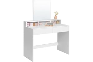 ‎VASAGLE VASAGLE Schminktisch mit großem Spiegel, Frisiertisch, 2 Schubladen, 3 offene FÄcher, Kosmetiktisch, modern, weiß RDT113W01