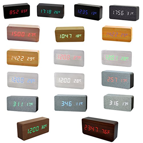 Holz Digital LED Wecker Uhr Soundsteuerung Temperatur Anzeige – Braun Rot, 30mm - 7