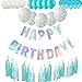 Produktbild O CAT Geburtstagsdeko, Kindergeburtstag Deko 1 Girlande Alles Gute zum Geburtstag Happy Birthday + Ein Set mit 18 Quaste + 5 Transparente Konfettiballons + 15 Geperlte Ballons