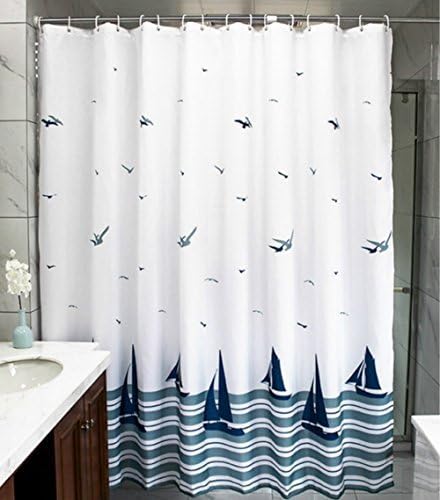 MangGou Fabric Shower Curtain,Nautical Sailing Boat Shower Curtain Liner,Waterproof Polyester Bathroom Curtain With 12 Hooks,Mildew resistant,Machine Washable,Navy &amp; White,72 x 72 inch