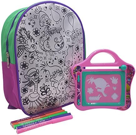 TROLLS BACKPACK SET For KIDS (3pcs) - Including Trolls "Colour Your Own" Backpack, Trolls Drink Bottle &amp; Trolls Magnetic Scribbler Toy