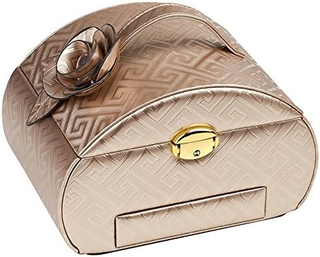 Elegant Rectangular Diamond Pattern Leather Jewelry Box Lockable Makeup Storage Case Organizer with Lift-Up Lid Mirror and Drawers (Brown)