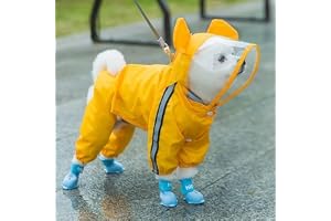 Dog Raincoats Rain Snow Coats Waterproof Clothing (4 Four Legs) Raincoat Full Cover Dogs Hooded Transparent (with Decorative Hooded Ears) (Yellow, 14,)