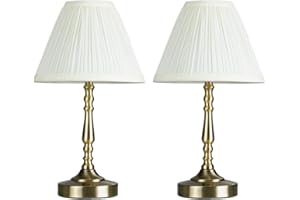 MiniSun Pair of Vintage Antique Brass Touch Table Lamps with a Pleated Cream Shade