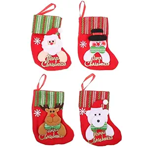 POPETPOP 4pcs Mini Christmas 3D Stockings Gift Treat Bags Santa Snowman Reindeer Bear Candy Pouches Silverware Holders for Christmas Tree Decor Fireplace Seasonal