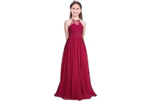 IEFIEL Enfant Filles Robe De Mariage Princesse Dentelle Longue Robe De Soirée Cocktail sans Manches Robe Bustier Baptême Demoiselle Honneur Fête Taille Haute 4-16 Ans