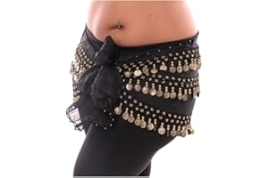 GENERIC 3 Rows Belly Dancing Dance Hip Scarf Skirt Belt with 128 Coins Red Belly Dance Wrap Hip Scarf Belt with Gold Coinsn LEENSY