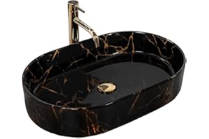 GTM Design Keramik Waschbecken - Aufsatzwaschbecken fürs Badezimmer - Waschbecken Oval - Design Waschbecken im modernen Stil - Schwarzer Marmor - 61x38,5x12 cm