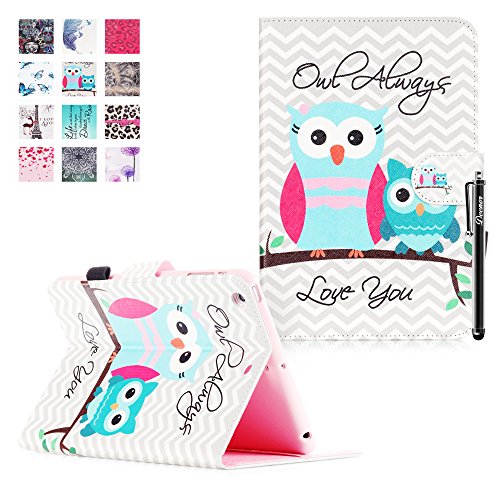 iPad Mini 3 Hülle, Deenor Colorful Painting and Stylish Drawing Wallet Case Book Style PU Leder Flip Protective Stand Flip Schutzhülle Hülle für Apple iPad Mini 1/2/3 Generation. (Mother and child owl)