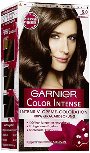 Garnier Color Intense, 5.0 Samtbraun, Dauerhafte Intensive Creme Coloration für permanente Haarfarbe (mit Perlmutt und Traubenkernöl) 3er Pack (3 x 1 Stück)