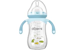 Oberni Weighted Baby Bottles with Size 4 Fast Flow Breast-Like Teat for 12 Months Plus / 1 Year Old Newborn Babies, 270ml/9oz, Non-Slip Handles, Anti-Colic, Blue/1 Pack
