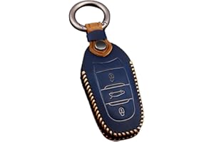 ontto Cuero Funda Carcasa Protectora para Llave de Coche para Peugeot 208 308 2008 3008 508 Citroen DS3 DS4 DS5 DS6 C4 Picasso con Llavero Case Cubierta Remoto Mando Coche 3 Botones-Azul B