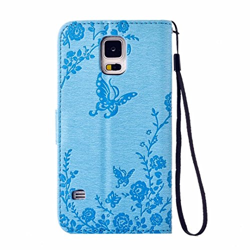 MUTOUREN Samsung Galaxy S5 Solide Grau Drucken(Schmetterling Blumen) Bookstyle PU Ledercase Tasche Hüllen Brieftasche Schutzhülle Scratch Magnetverschluss Telefon-Kasten Kratzfeste Anti-scratch Handyhülle Standfunktion Handycover Blau + 1x Kapazitive Feder - 3