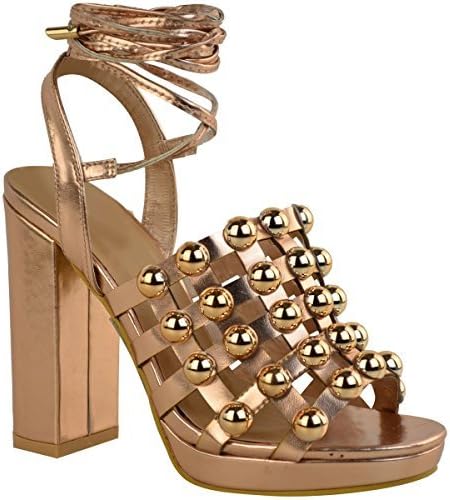 Miss Image UK Womens Ladies Strappy Ankle Strap HIGH Heel Studded Platforms Shoes Sandals Size [Rose Gold Metallic UK 5/EU 38/US 7]