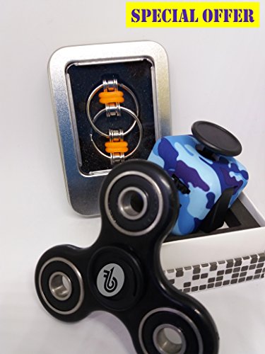 FB1FINGER SPINNER FIDGET TOY and BONUS Fidget CUBE and CHAIN ADHD Toys Stress Relief Focus Autism ADD For Kids Adult Focus Durable High Speed Bearings NON 3D Printed (Black)