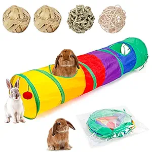 HERCOCCI Bunny Tunnel, Collapsible Rabbit Hideout Extra Large Tunnel Tubes with 4 Pack of Grass Ball Hideaway Small Animal Activity Chew Toys for Hamster Chinchilla Guinea Pig Ferret (41x10 Inch)