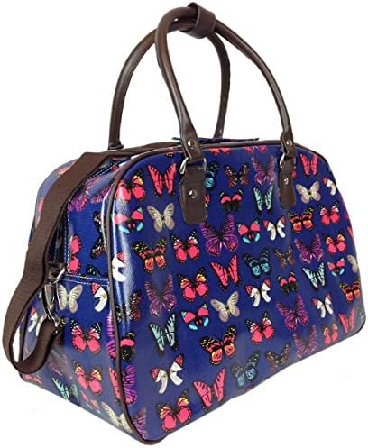 New Oilcloth Polka Dot/Flower/Owl Print Holdall Weekend Travel Bag (BUTTERFLY NAVY)