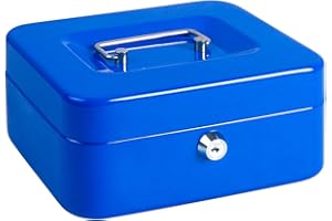 PARRENCY Cash Box with Money Tray, Metal Locking Money Box with Key Lock for Security, 7 4/5" x 6 4/5" x 3 3/5", Blue