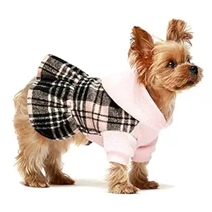 Fitwarm Knitted Plaid Dog Dress Hoodie Sweatshirts Pet Clothes Sweater Coats Cat Outfits Pink Medium