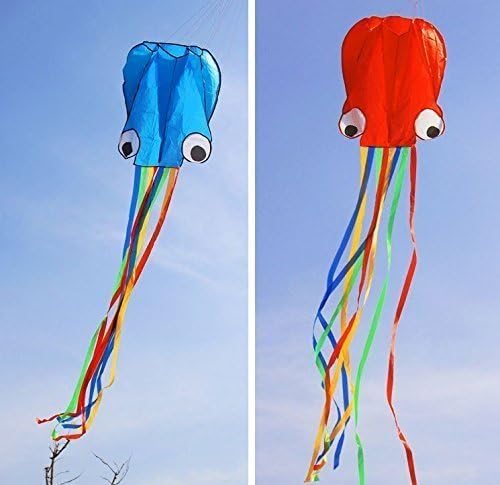 Riroad Beautiful Large Easy Flyer Kite for Kids - Red software Octopus - Blue, Red with Long RainBow Tails (2 Pack)