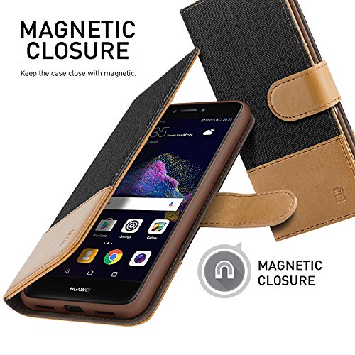BEZ Cover Huawei P8 Lite 2017, Custodia Portafoglio Huawei P8 Lite 2017 Protettiva in Tela e PU Pelle Libro Flip Case con Porta Carte Funzione Appoggio, Chiusura Magnetica, Nero