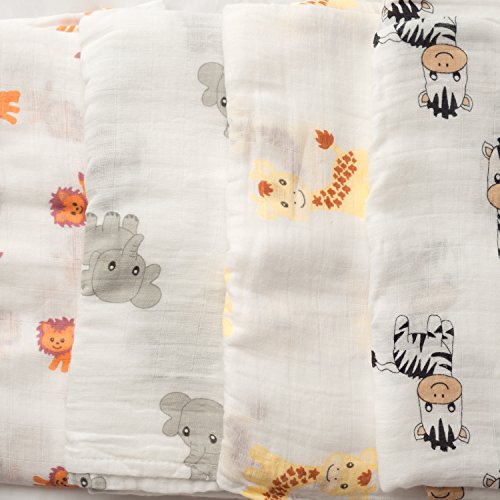 „Safarimuster“ Pucktücher aus Musselin 4er-Pack – Große Musselin-Puckdecken von CuddleBug, 120 cm x 120 cm – Beste Musselintuch aus weicher Baumwolle – Bestes Geschenk für werdende Eltern – Ideal fürs Kinderbett – Für Mädchen oder Jungen – 4 niedliche Motive – Garantie auf Lebenszeit! - 4