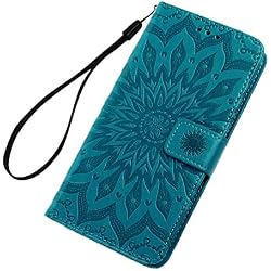 Funda para Samsung Galaxy A5 2016, Libro de Cuero Impresión de Suave PU Premium e Silicone TPU Con Tapa y Cartera, Correa de mano, Soporte Plegable, Ranuras para Tarjetas y Billetera, Girasol azul