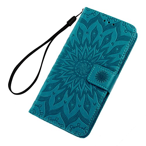 Funda para Samsung Galaxy A5 2016, Libro de Cuero Impresión de Suave PU Premium e Silicone TPU Con Tapa y Cartera, Correa de mano, Soporte Plegable, Ranuras para Tarjetas y Billetera, Girasol azul