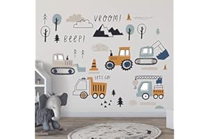 Mulaibdin 37 Pièces Stickers Muraux Enfants, Decoration Chambre Bebe Garcon, Autocollant Mural Enfant, Déco Chambre Stickers Voiture,tracteur,Cars,Grue,Bulldozer, Excavatrice,Camion(Tapez C)