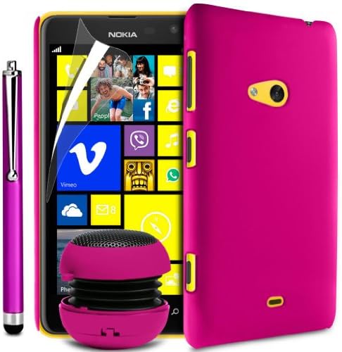 N4U Online Nokia Lumia 625 Hard Back Case Cover, Screen Protector , Stylus Pen & Mini Rechargeable Speaker - Hot Pink