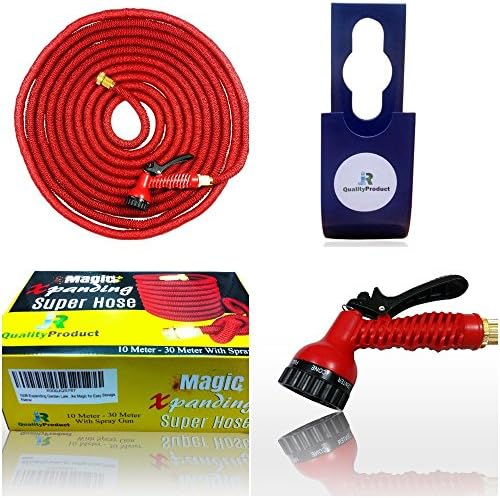 100ft The Latest Generation Red Expanding Super Hose Pipe &amp; Hanger with 7 Function Spray Gun and Fitted Garden Tap Connector – This Expandable Hose is Manufactured to a higher Tough Specification – Inner Hose is Strong Double Latex, Outer Hose is New 5000 X 5000D Fabric – Warranted - 6 Months Expands up to 3 Times its Original Length – Lightweight and No more Kinking – Shrinks like Magic for Easy Storage.