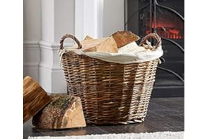Vintage Decor ® Large Round Brown Rustic Wicker Fireside Log Basket With Removable Washable Cotton Liner & ties, Stylish Storage Solution, Laundry, clothes, toys, shoes and logs. 50cm D x 35cm H