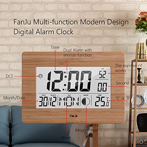 DKEyinx Multifunction LCD Digital Wall Clock, with Alarm, Moon phase Display, Time Function, Table Bedside Temperature Tester