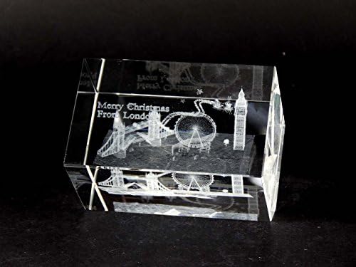 Laser Art Crystal (Cut Edge) Deatiling Santa Over London Skyline - with MARRY CHRISTMAS FROM LONDON Message