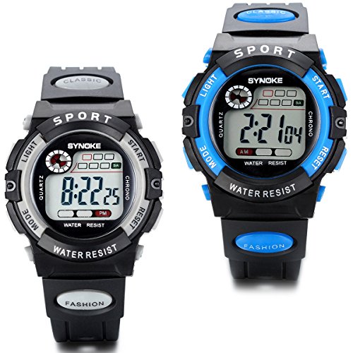 JewelryWe Jungen Mädchen Kinder Armbanduhr, LED Digital Elektronische Sport Uhr Multi-Funktion Uhren mit Silikon Armband, Schwarz Blau Grau