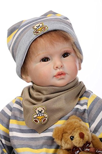 Nicery Reborn Baby Doll Soft Simulation Silicone Vinyl 22inch 55cm Magnetic Mouth Lifelike Boy Girl Toy Brown Bear