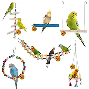 Sage Square Wooden Bird Toys Combo | Ladder, Sand Perch, Swing, Hanging Cage Accessory | for Budgie, Parrot, Cockatiel, Parakeet, Conure, Macaw etc