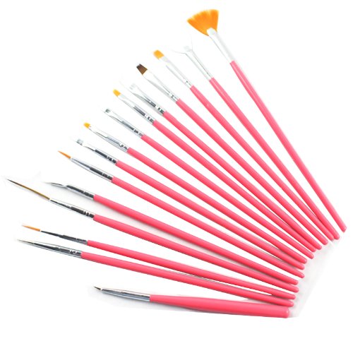 Glow Professional Nail Art Brushes Set, Pink - Pack of 15 Pieces