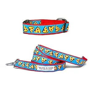 That Dog In Tuxedo Pizza Mania Dog Collar with Leash - Adjustable and Strong (Blue, Size - M-L)